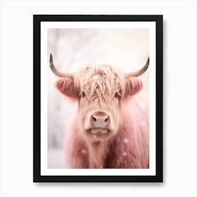 Highland Cow Snow Portrait Pink Filter 2 Art Print