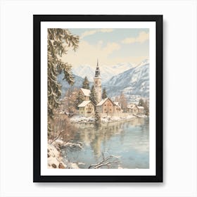 Vintage Winter Illustration Lake Bled Slovenia 2 Art Print