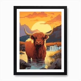 Brown Hairy Highland Cow In The Sunset 1 Art Print