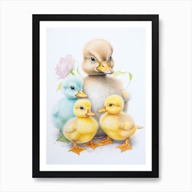 Floral Duckling Detailed Pencil Illustration 1 Art Print