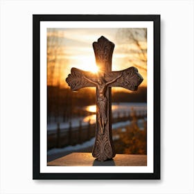 An Intricately Carved Wooden Cross Representing Faith Its Silhouette Beautifully Etched Against Thi (5) Art Print