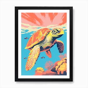 Orange Sea Turtle In The Ocean With Coral Art Print