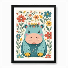 Floral Baby Hippo Nursery Illustration (36) Art Print