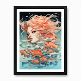 Girl With Fishes Art Print