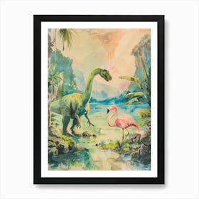 Storybook Painting Of A Dinosaur With A Flamingo Art Print