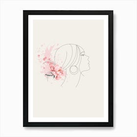 Portrait Of A Woman With Flowers line art pink Art Print