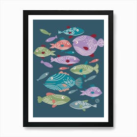 School of Spiral Fish [blue on dark blue] Art Print