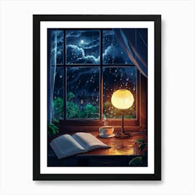 Lofi Anime Art: Cozy rainy night window with an open book, warm lamp glow, and steaming tea. Perfect for tranquil and introspective vibes. Art Print