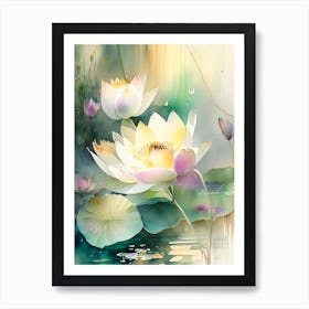 Lotus Flowers In Garden Storybook Watercolour 1 Art Print