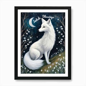 Imbolc Blessings White Fox - Fae Creatures by Sarah Valentine - Moon and Snowdrops Art Print