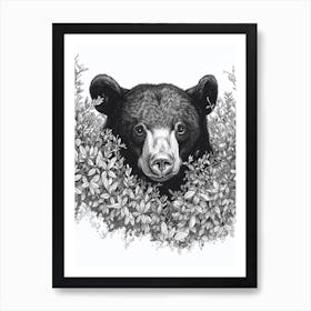Malayan Sun Bear Hiding In Bushes Ink Illustration 4 Art Print