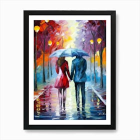 Couple Holding Umbrellas In The Rain Art Print