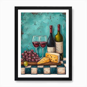 Wine Cheese & Grapes Blue Checkerboard 3 Art Print