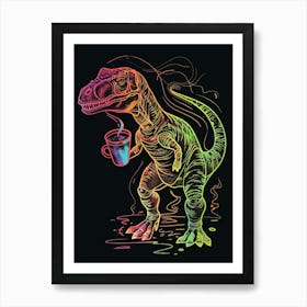 Neon Dinosaur Drinking Coffee Art Print