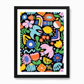 Birds And Flowers Happy Colorful Collage Art Print