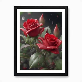 Red Roses At Rainy With Water Droplets Vertical Composition 84 Art Print