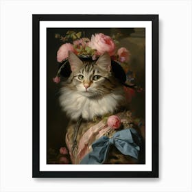 Blue & Pink Rococo Style Painting Of A Cat 2 Art Print