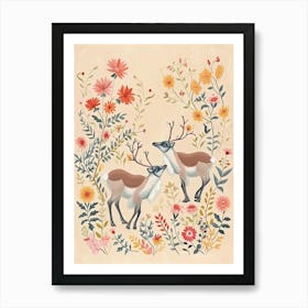 Folksy Floral Animal Drawing Caribou Art Print
