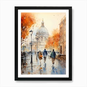 Rome Italy In Autumn Fall, Watercolour 4 Art Print