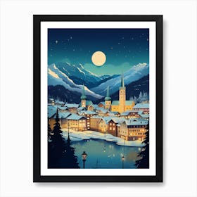 Winter Travel Night Illustration Lucerne Switzerland 3 Art Print