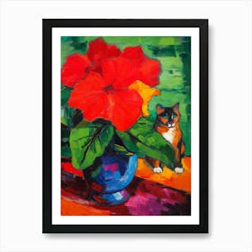 Poinsettia With A Cat 3 Fauvist Style Painting Art Print