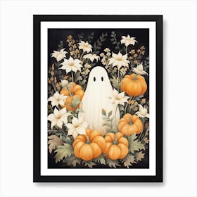 Cute Bedsheet Ghost, Botanical Halloween Watercolour 64 Art Print