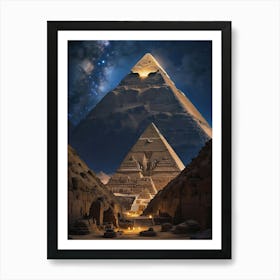 Immerse yourself in the rich culture and history of Ancient Egypt as you witness the grandeur and beauty of the pyramids and a splendid starry night sky with the cosmic universe. Art Print