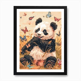 Giant Panda Cub Playing With Butterflies Storybook Illustration 2 Art Print