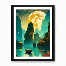 Ha Long Bay - Vietnam Trippy Abstract Cityscape Iconic Wall Decor Visionary Psychedelic Fractals Fantasy Art Cool Full Moon Third Eye Space Sci-fi Awesome Futuristic Ancient Paintings For Your Home Gift For Him Meditation Room Art Print