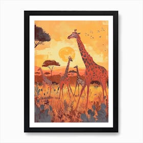 Group Of Giraffes In The Sunset 3 Art Print