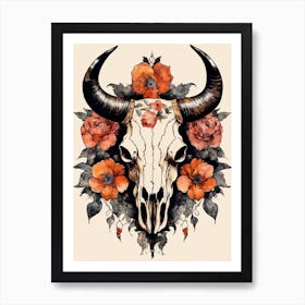 Vintage Boho Bull Skull Flowers Painting (42) Art Print