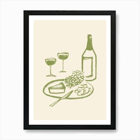 Wine and Cheese Aperitif Kitchen Illustration - Green White Art Print