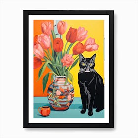 Tulip Flower Vase And A Cat, A Painting In The Style Of Matisse 0 Art Print