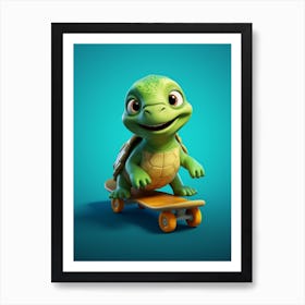 Green Turtle On Skateboard Art Print