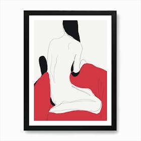 Nude Woman Sitting On Red Couch Art Print