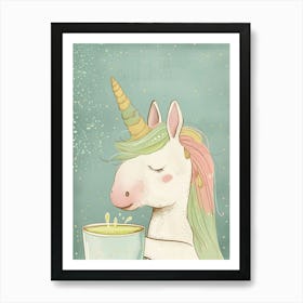 Pastel Storybook Style Unicorn Drinking A Matcha Latte 2 Art Print