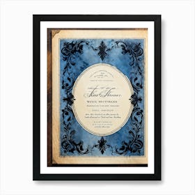 An Intricately Designed Vintage Invitation Template In Watercolor Layers Of Dark Black And Rich Blu Art Print