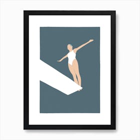 Woman on diving board about to jump into swimming pool Art Print