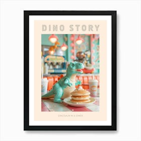Pastel Toy Dinosaur Eating Pancakes In A Diner Poster Art Print