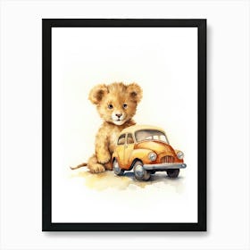Playing With Toy Car Watercolour Lion Art Painting 2 Art Print