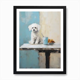Bichon Frise Dog, Painting In Light Teal And Brown 2 Art Print