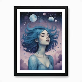 Blue Haired Girl Dreamscape Art Print (1) Art Print