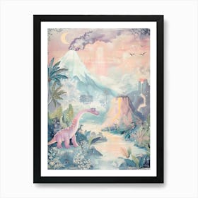 Purple Dinosaur & A Volcano Storybook Painting Art Print