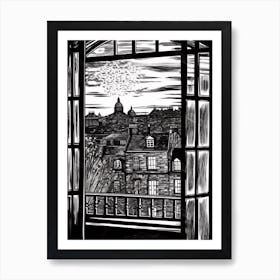 Window View Of Edinburgh Scotland   Black And White Colouring Pages Line Art 4 Art Print