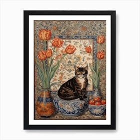 Tulips With A Cat 3 William Morris Style Art Print