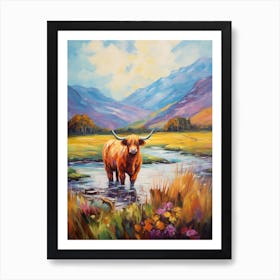 Impressionism Style Painting Of A Highland Cattle In The River 1 Art Print