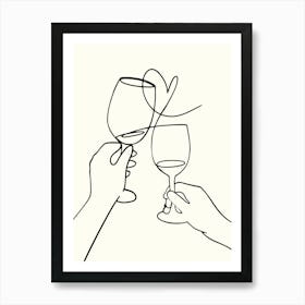 Two Hands Holding Wine Glasses Monoline Hand Drawing Aesthetic Illustration Art Print