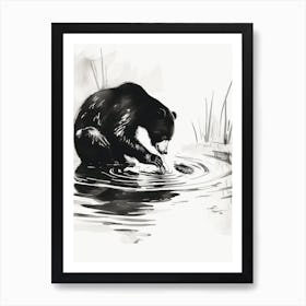 Malayan Sun Bear Catching Fish Ink Illustration 2 Art Print