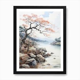 Amanohashidate In Kyoto, Japanese Brush Painting, Ukiyo E, Minimal 4 Art Print