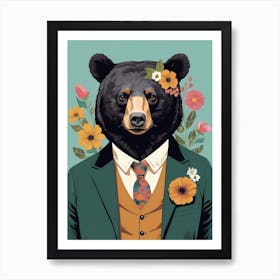 Floral Black Bear Portrait In A Suit (23) Art Print